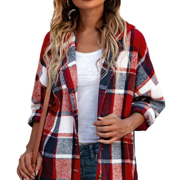 B007 Fiery Red Hooded Plaid Button Front Shacket - Picture 2 of 4